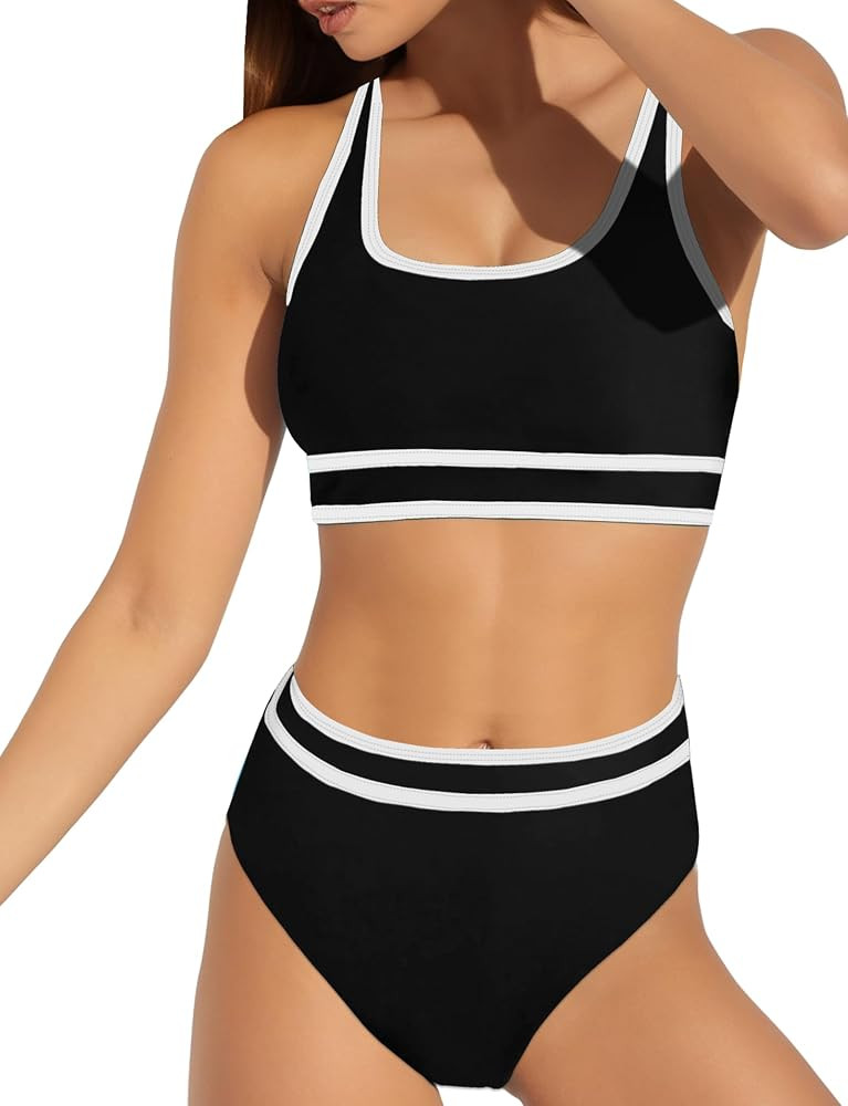 Women's High Waisted Bikini Sets Two Piece Swimsuits for Women Sporty Color Block Cheeky High Cut... | Amazon (US)