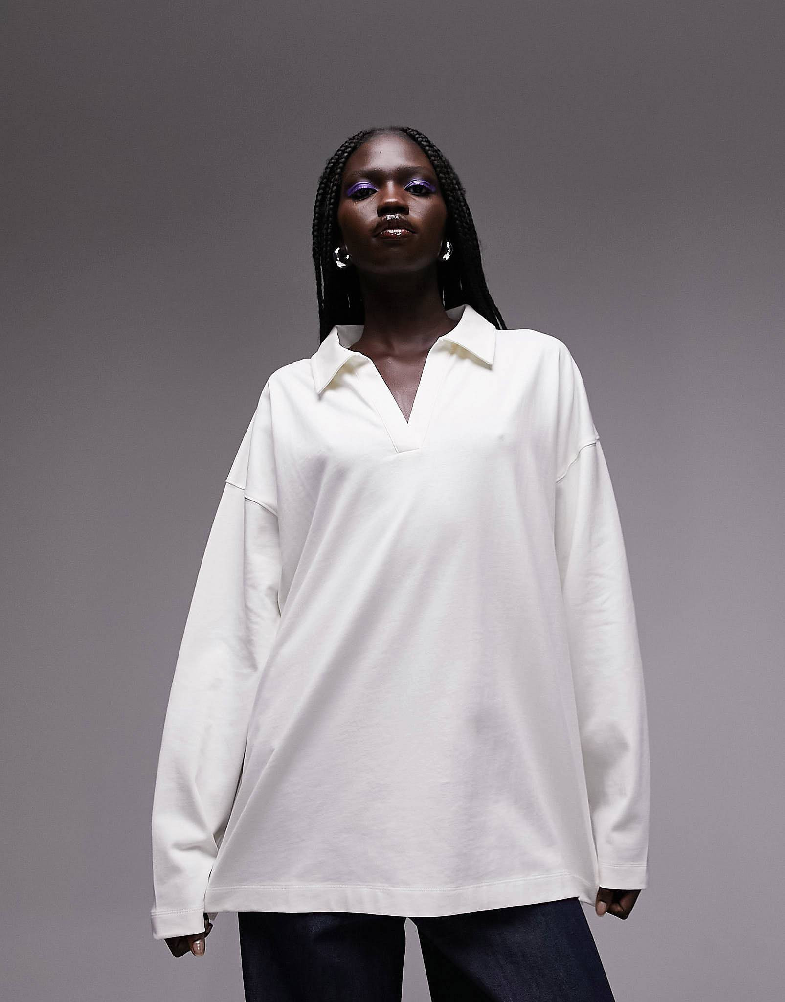 Topshop premium basic oversized long sleeve polo top in ecru | ASOS (Global)