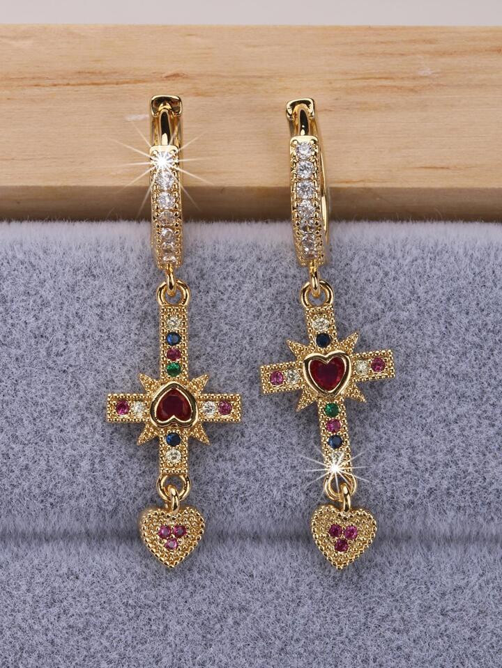 2pcs Cubic Zirconia Cross & Heart Drop Earrings | SHEIN