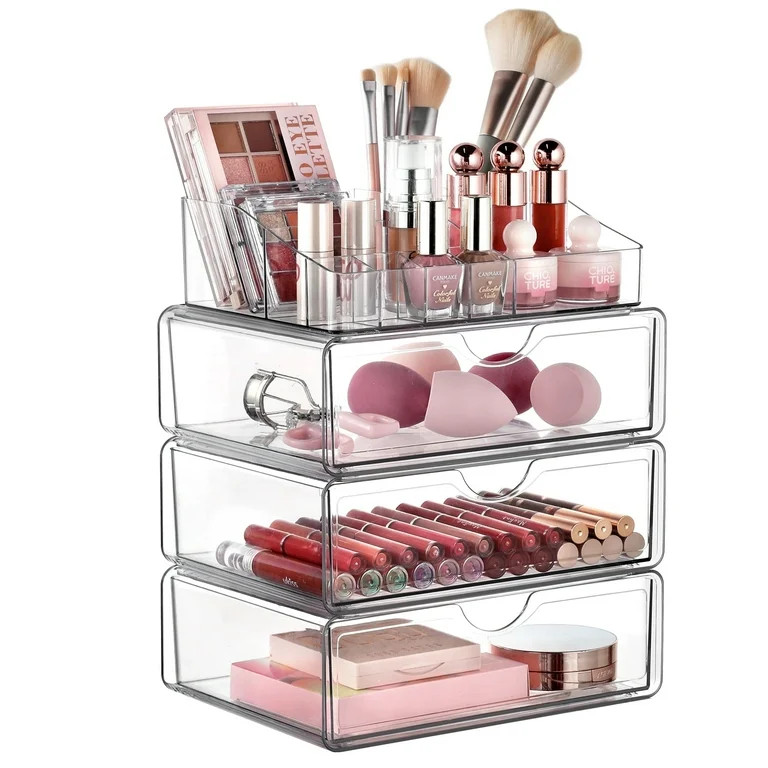 Vtopmart 4 Tier Clear Makeup Organizer with Drawer, Plastic Cosmetic Storage, Beauty Holder | Walmart (US)