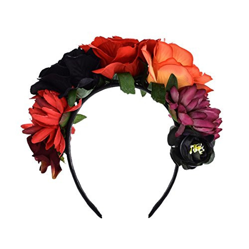 June Bloomy Day of the Dead Headpiece Halloween Costume Headpiece Mexican Floral Crown Rose Headband (Black Red Orange) | Amazon (US)