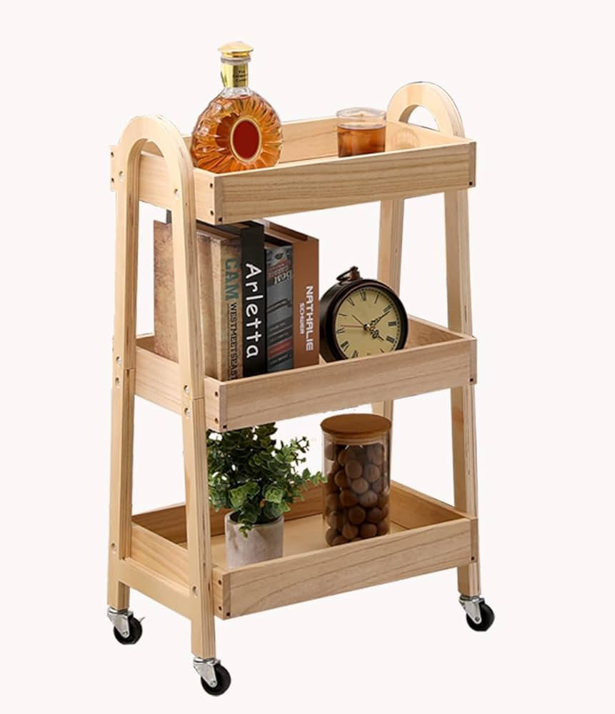 3-Tier Wooden Rolling Cart- Wooden Utility Cart wit Wheels- Utility Rolling Cart-Storage Trolley ... | Amazon (US)