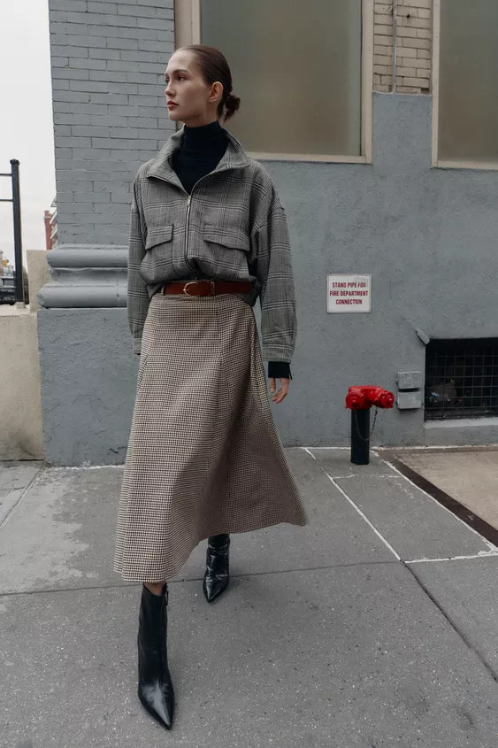 HOUNDSTOOTH BELTED CAPE MIDI SKIRT | Zara US