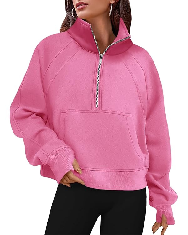 Women's Sweatshirts Fleece Lined Half Zipper Crop Pullover Tops Funnel Neck Long Sleeve Sweater T... | Amazon (US)
