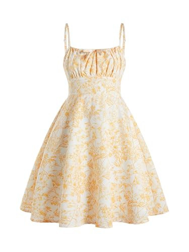RoseSeek Girl's Floral Print Summer Dress Bowknot Ruched Bust A Line Cami Dress High Waist Ruffle Hem Cute Sun Dresses Yellow 10 Years | Amazon (US)