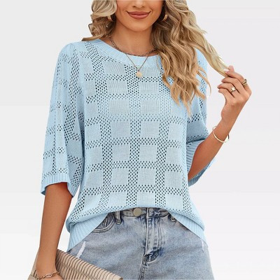 Womens 3/4 Sleeve Summer Crochet Tops Loose Fit Hollow Out Round Neck Sweater Ribbed Cuff Short Sleeve Lightweight Sweater for Summer,Light Blue - S | Target