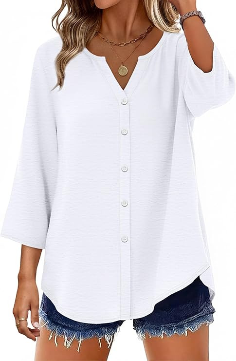 OFEEFAN Button Down Shirts for Women 3/4 Length Sleeve Tops V Neck Blouses Business Casual Outfit... | Amazon (US)
