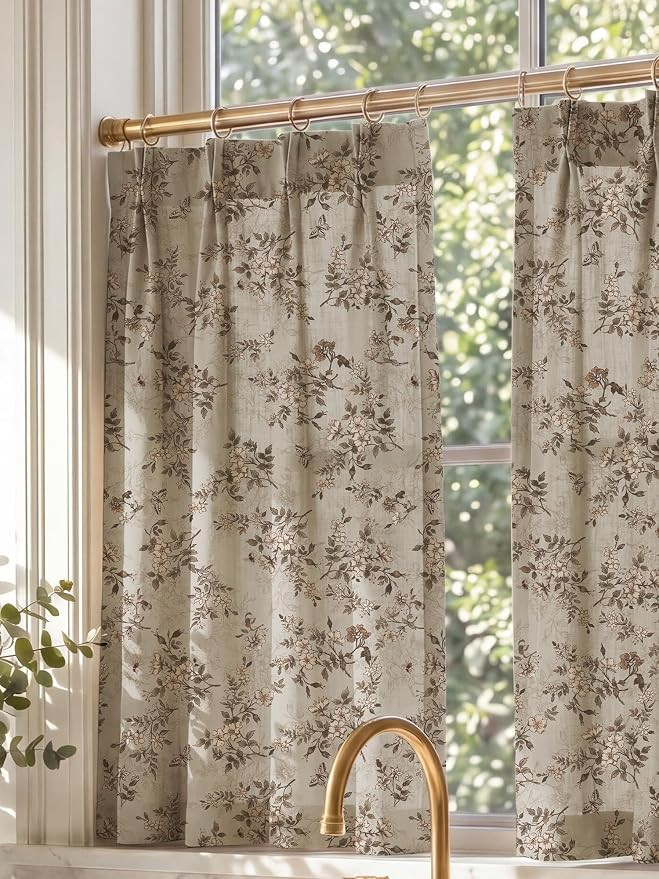 NICETOWN Floral Linen Tier Curtains for Small Window, W26 x L36, Ivory | Amazon (US)