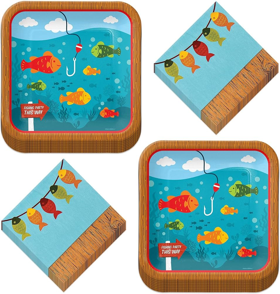 Little Fisherman Fishing and Camping Party Square Paper Dinner Plates and Lunch Napkins (16 Plate... | Amazon (US)