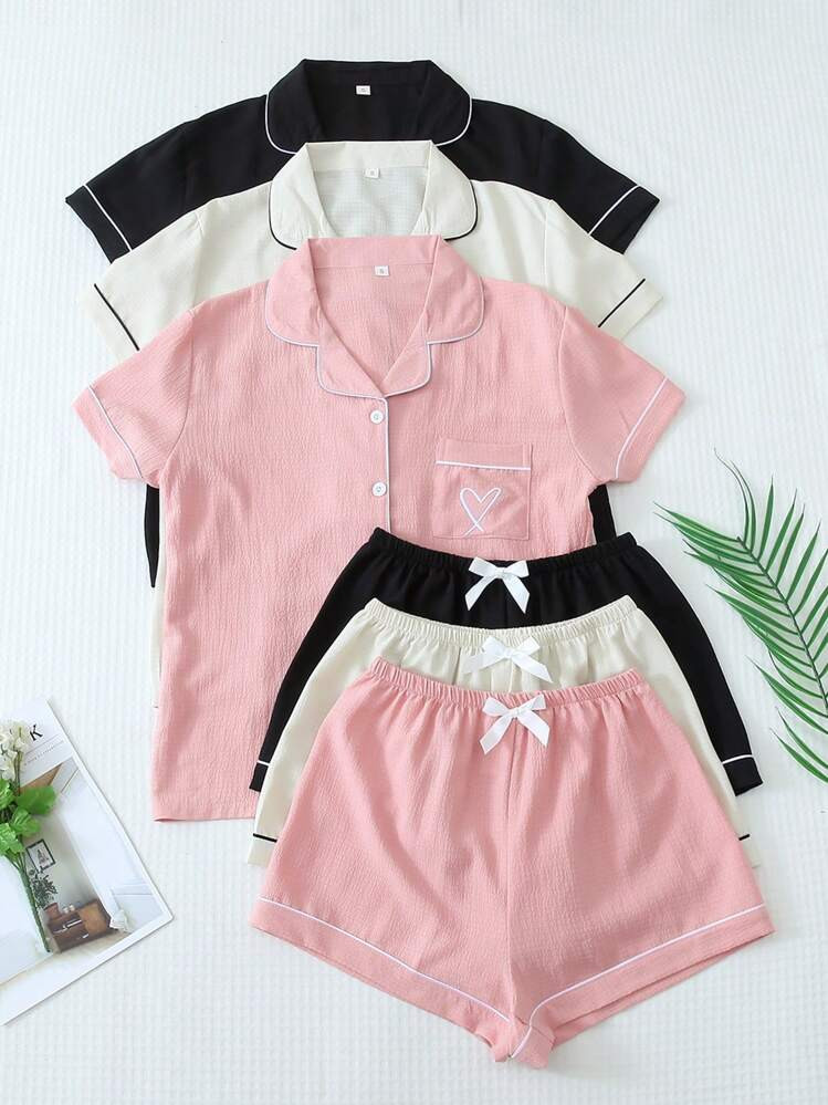 3pcs Summer Piping Contrast Color Collar Pocket Heart Embroidered Short-Sleeved Button-Up Top And... | SHEIN