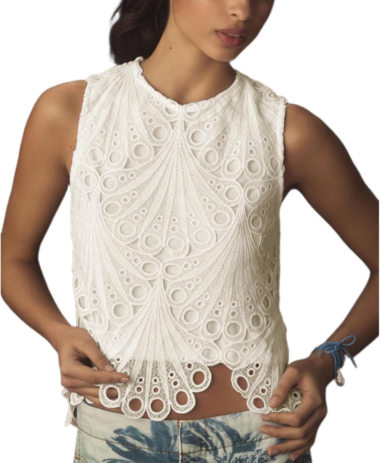 VAOYIU Lace Tank Tops for Women Sleeveless Embroidered Eyelet Blouse | Amazon (US)