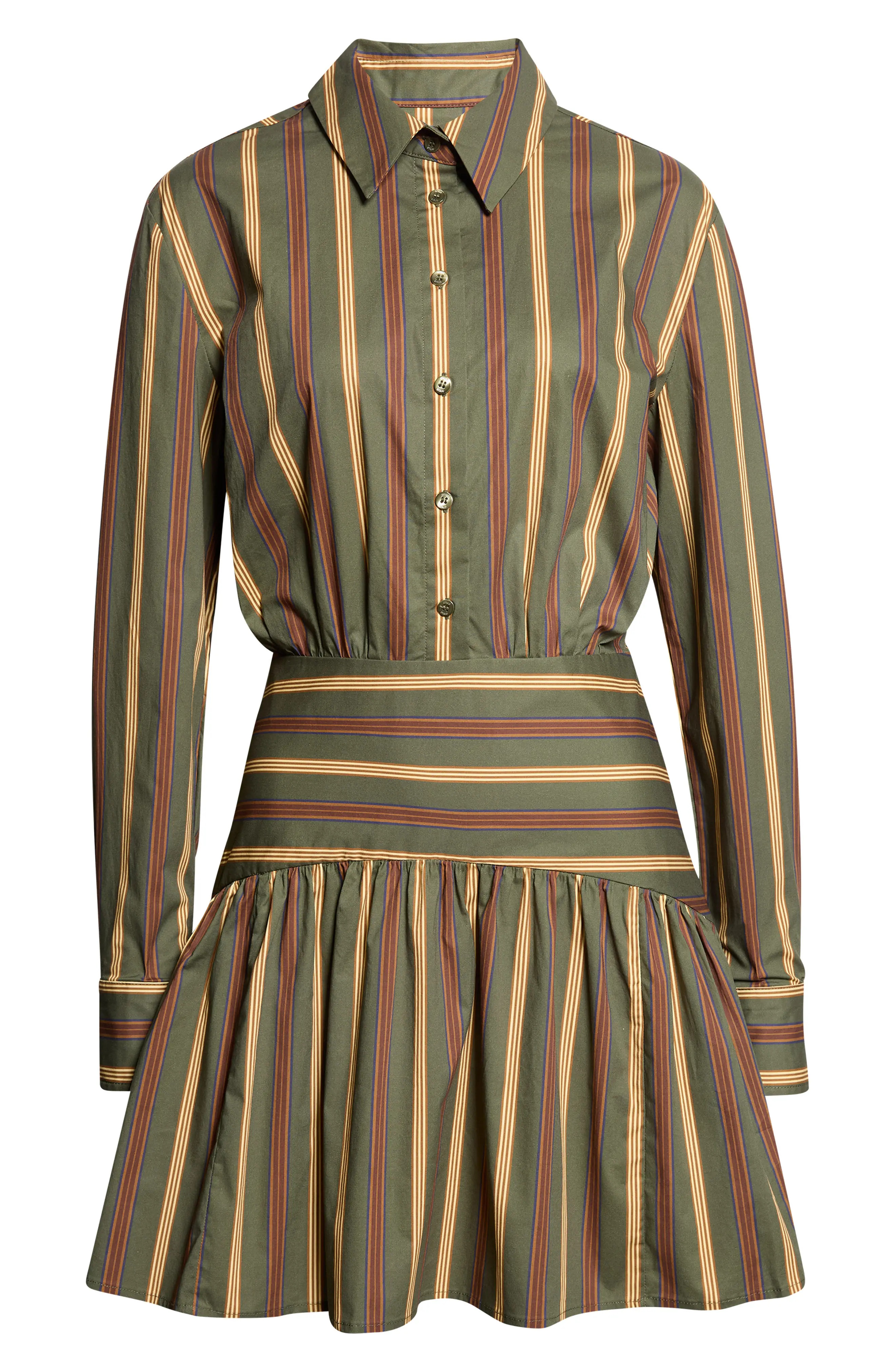 STAUD Rocco Stripe Long Sleeve Mini Shirtdress in Dark Olive Stripe at Nordstrom, Size 16 | Nordstrom