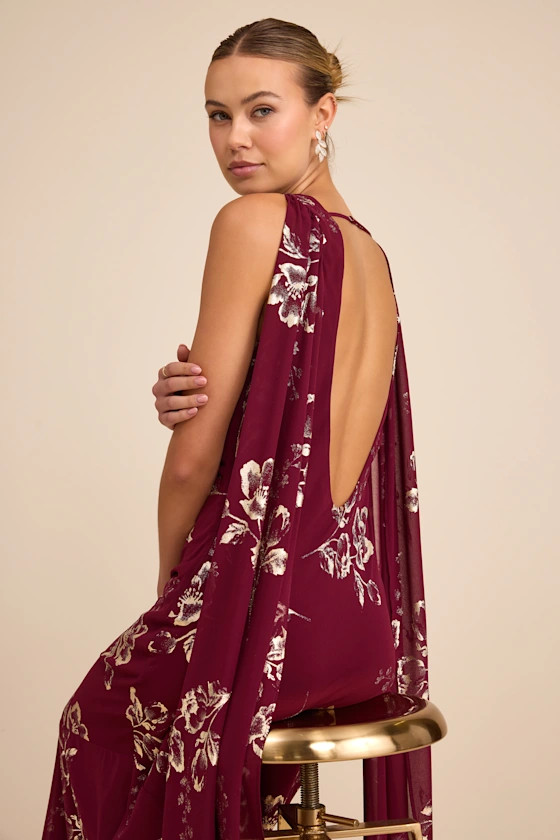 Sidonia Burgundy and Gold Floral Cowl Sash Maxi Dress | Lulus