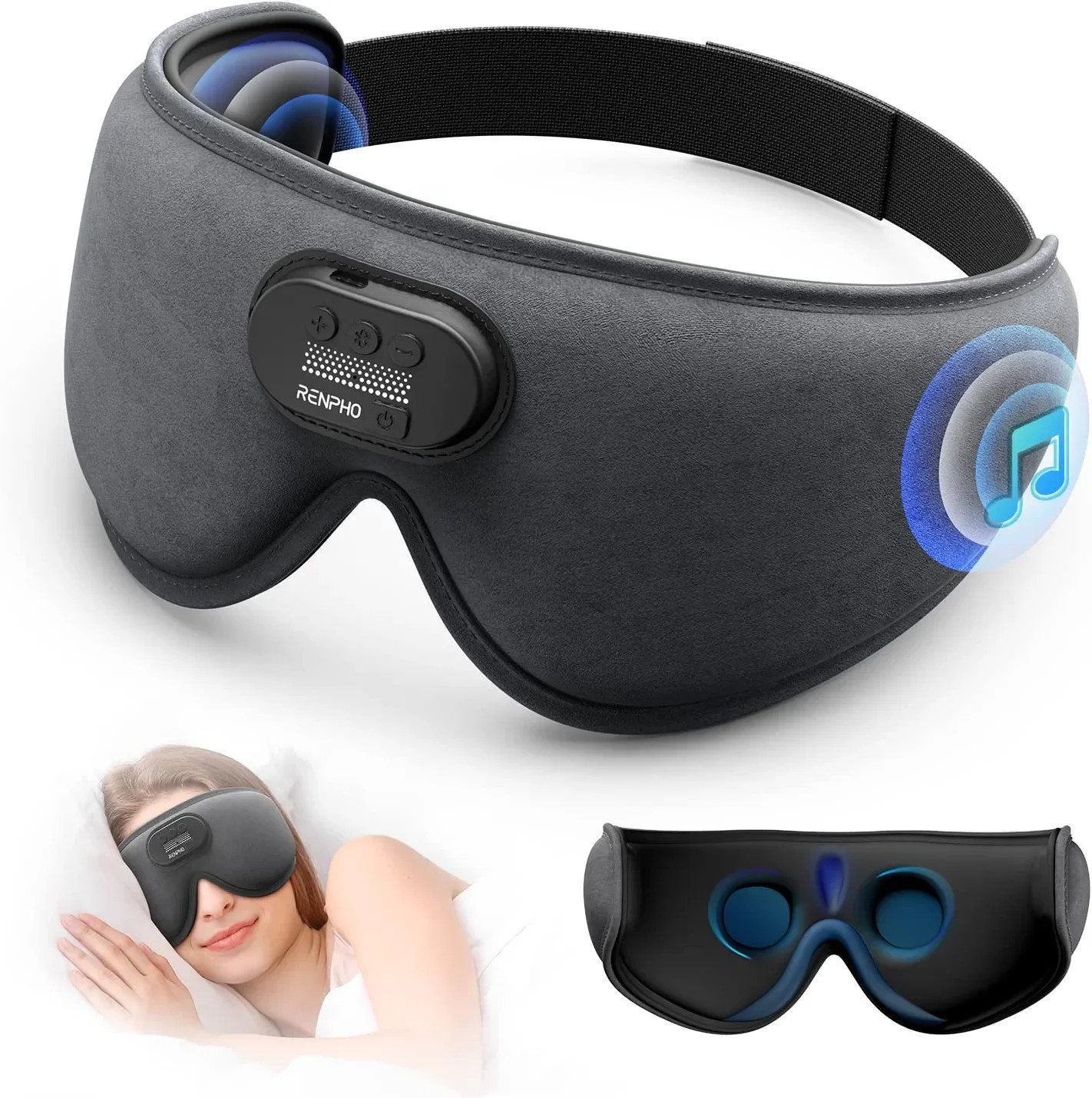 RENPHO Eye Masks with Bluetooth Music, 3D Light Blocking Soft Sleep Mask for Side Sleepers | Walmart (US)