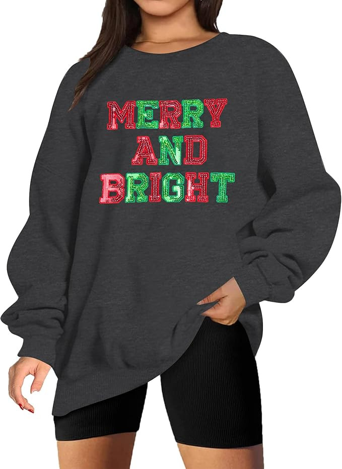 Christmas Sweatshirt Women Oversized Merry and Bright Sequin Shirt Xmas Gift Sweaters Christmas V... | Amazon (US)