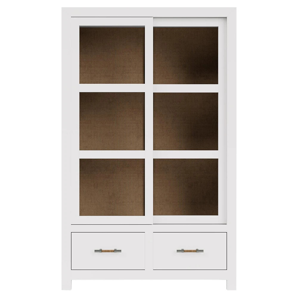 Riona Coastal Beach White Pine Wood Woven Rattan Display Case | Kathy Kuo Home