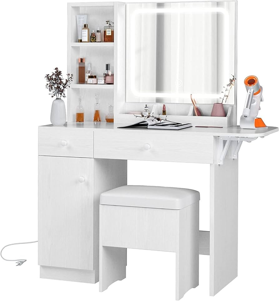 IRONCK Vanity Desk with LED Lighted Mirror & Power Outlet, Makeup Table with Drawers & Cabinet,St... | Amazon (US)