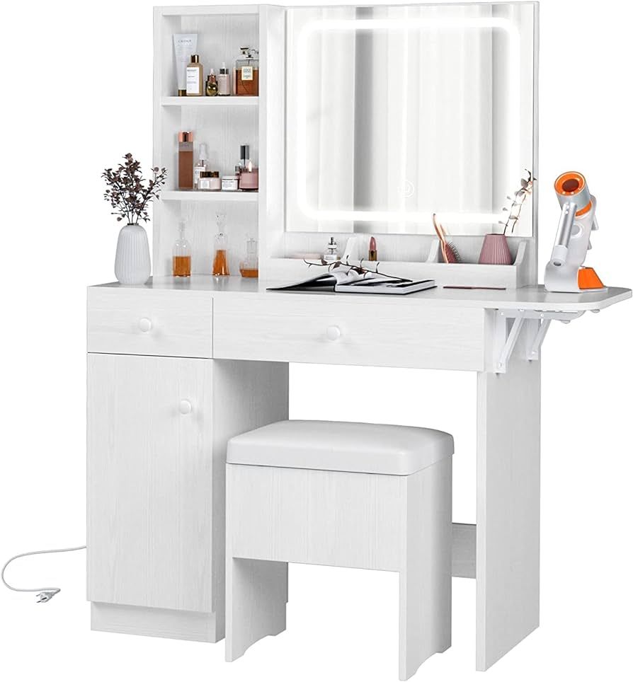 IRONCK Vanity Desk with LED Lighted Mirror & Power Outlet, Makeup Table with Drawers & Cabinet,St... | Amazon (US)