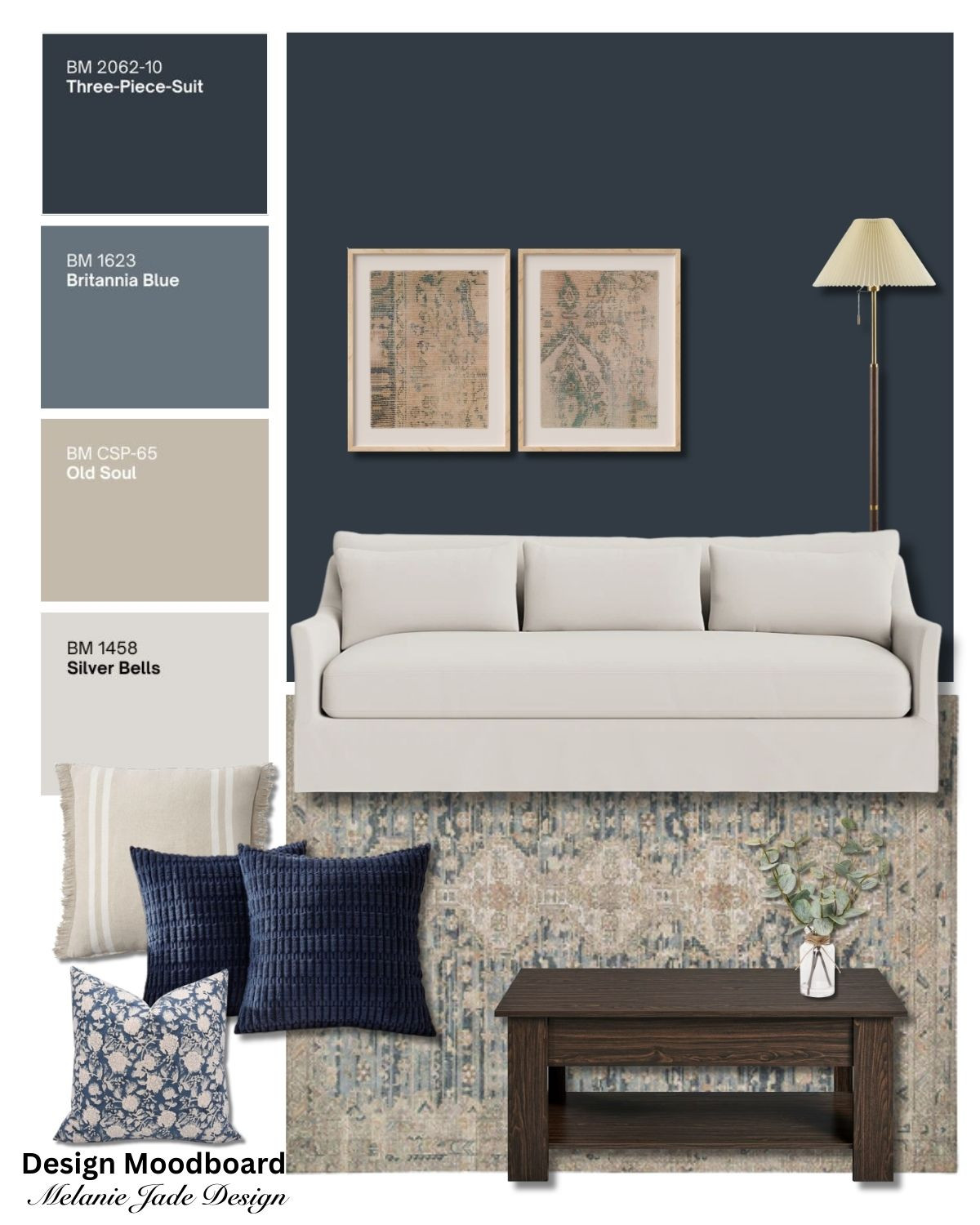 Benjamin Moore Three-Piece-Suit is a moody dark navy blue that works as a bold and dramatic statement in a living room. Use creams and neutrals in soft furnishings and dark wood to tie the whole room together. 

 #LTKhome #LTKstyletip