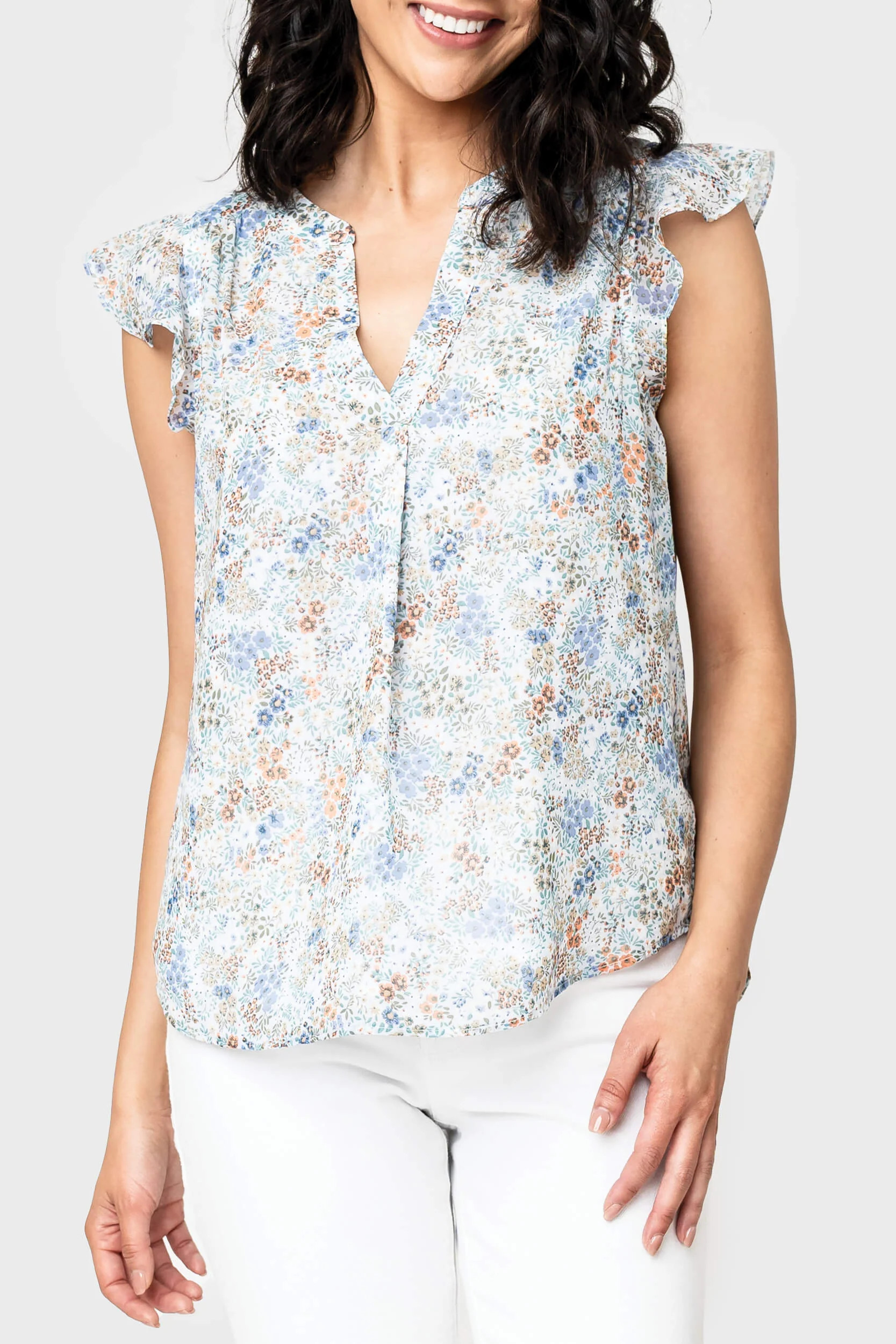 Notch Neck Flutter Sleeve Blouse | Gibson