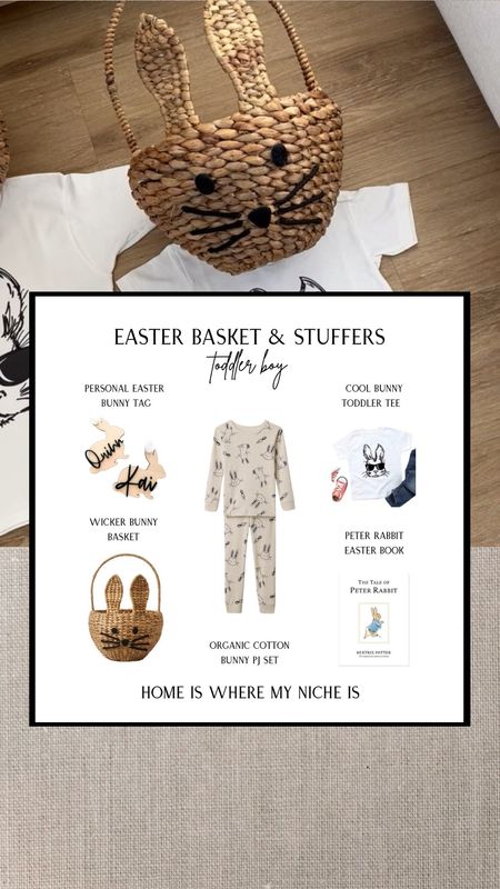 Toddler Boy Easter Basket & Stuffers
+ personal bunny basket tags
+ wicker bunny basket 
+ organic cotton bunny pj set
+ cool bunny toddler tee
+ perter rabbit Easter book

Amazon | Etsy | Canada 

#LTKfamily #LTKkids #LTKSeasonal