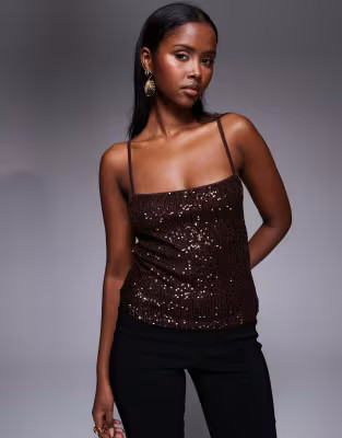 ASOS DESIGN allover sequin cami top in chocolate | ASOS (Global)