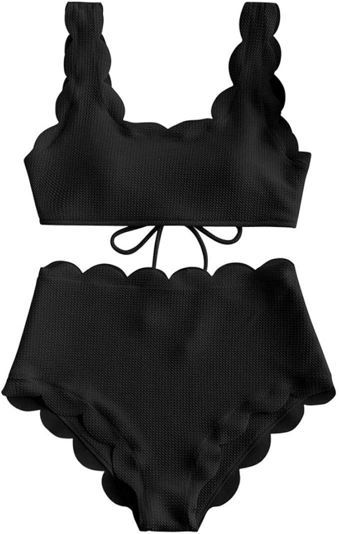 ZAFUL Women's Scalloped Textured Swimwear High Waisted Wide Strap Adjustable Back Lace-up Bikini ... | Amazon (US)