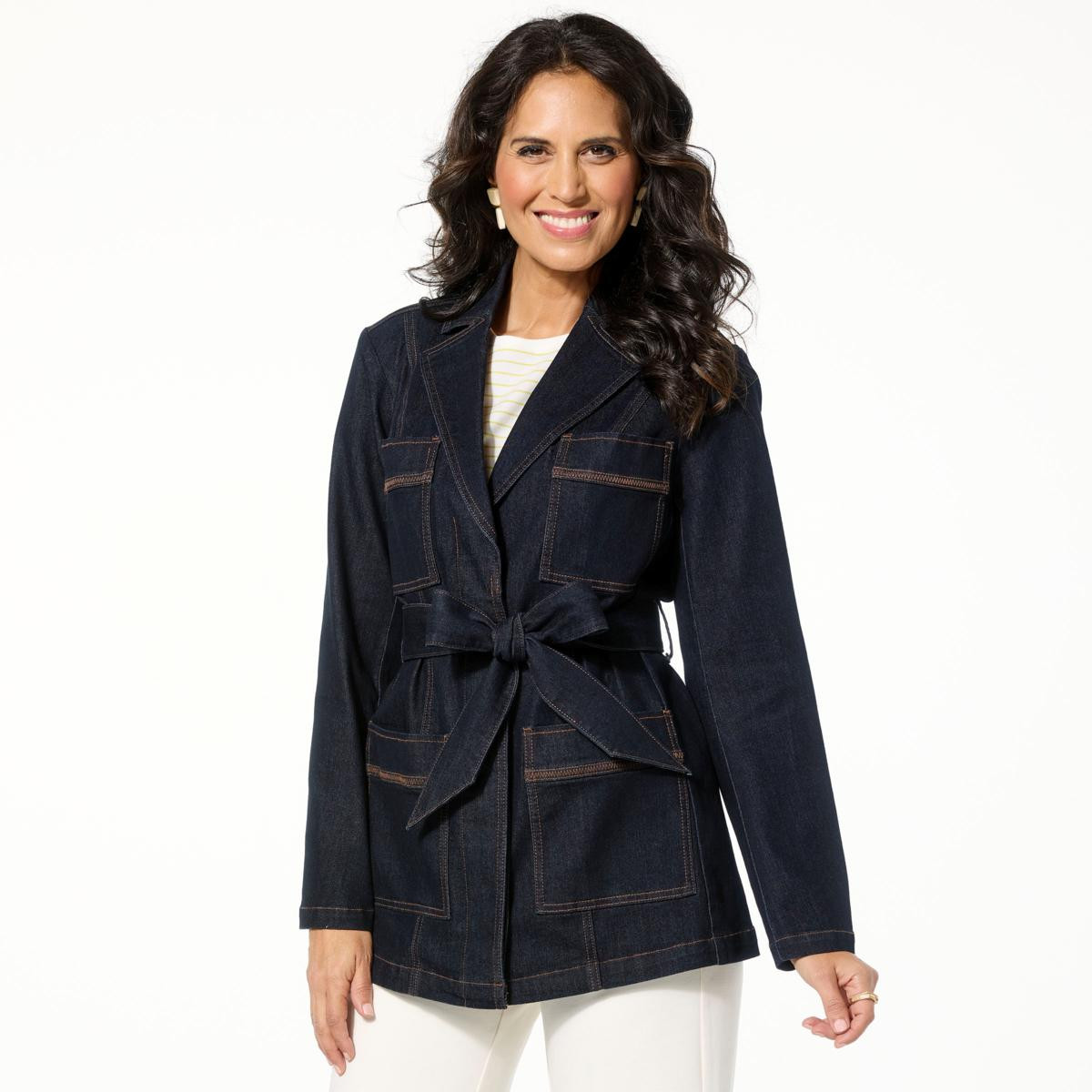 WynneDenim Patch Pocket Belted Stretch Denim Jacket | HSN