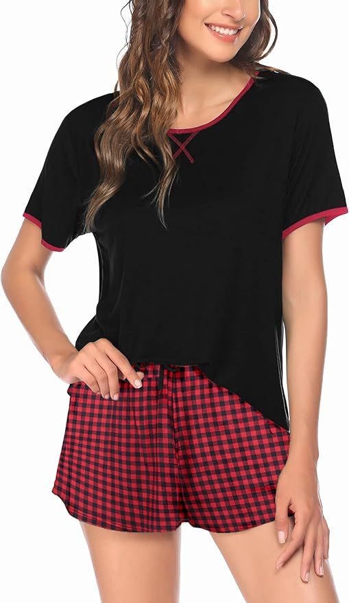 Ekouaer Pajamas Women Short Sleeve with Plaid Shorts Cute Sleepwear Teen Girl Cartoon Sleep Tee S... | Amazon (US)
