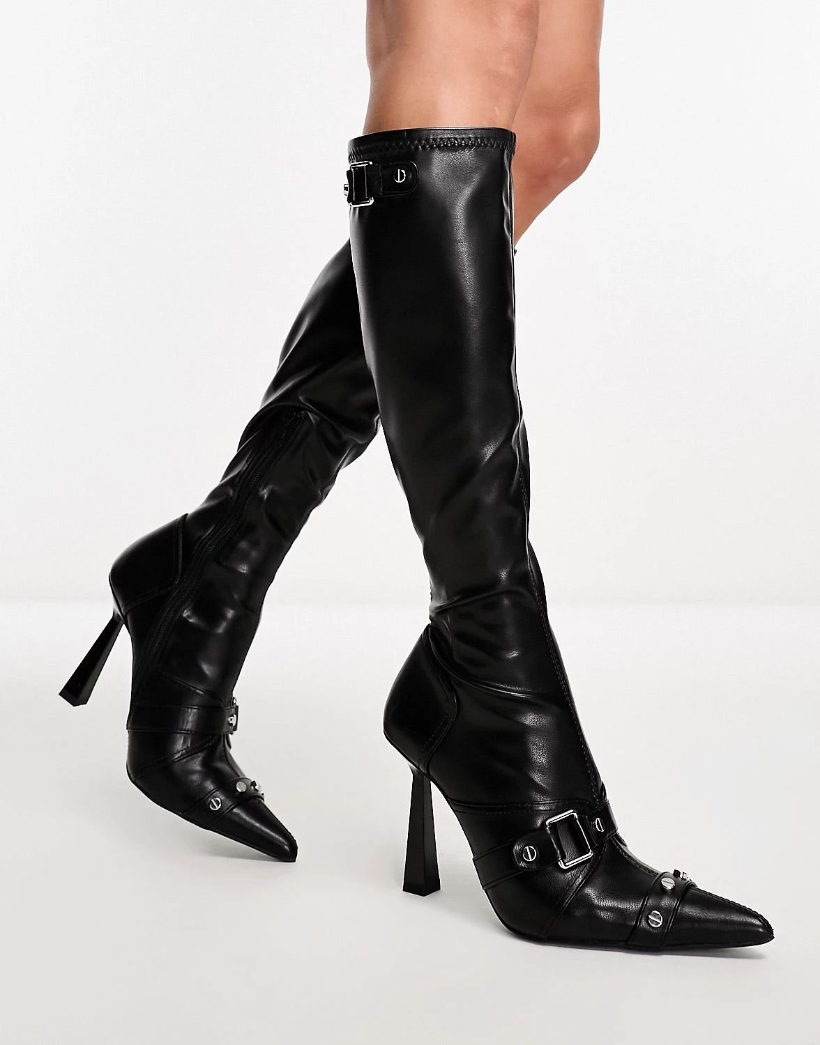 ASOS DESIGN Cannes 2 heeled hardware knee boots in black | ASOS (Global)