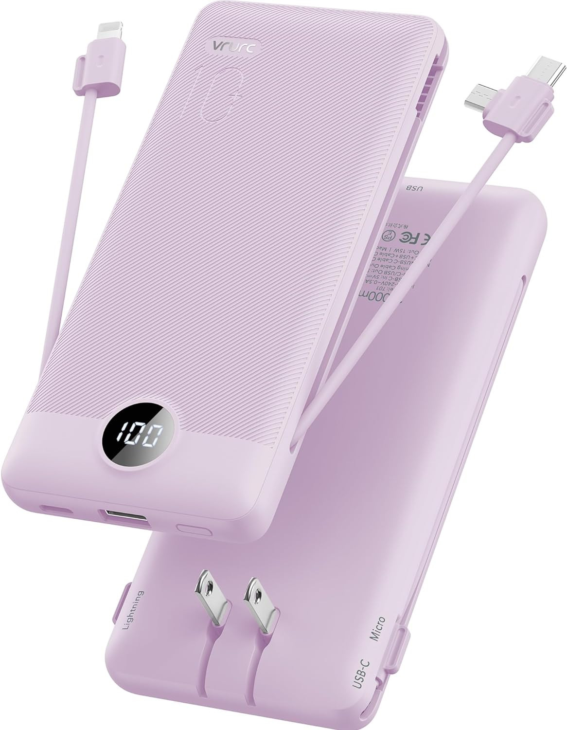 Portable Charger Built-in Cables and AC Wall Plug, VRURC USB C Power Bank 10000mAh, [2023 Upgrade... | Amazon (US)