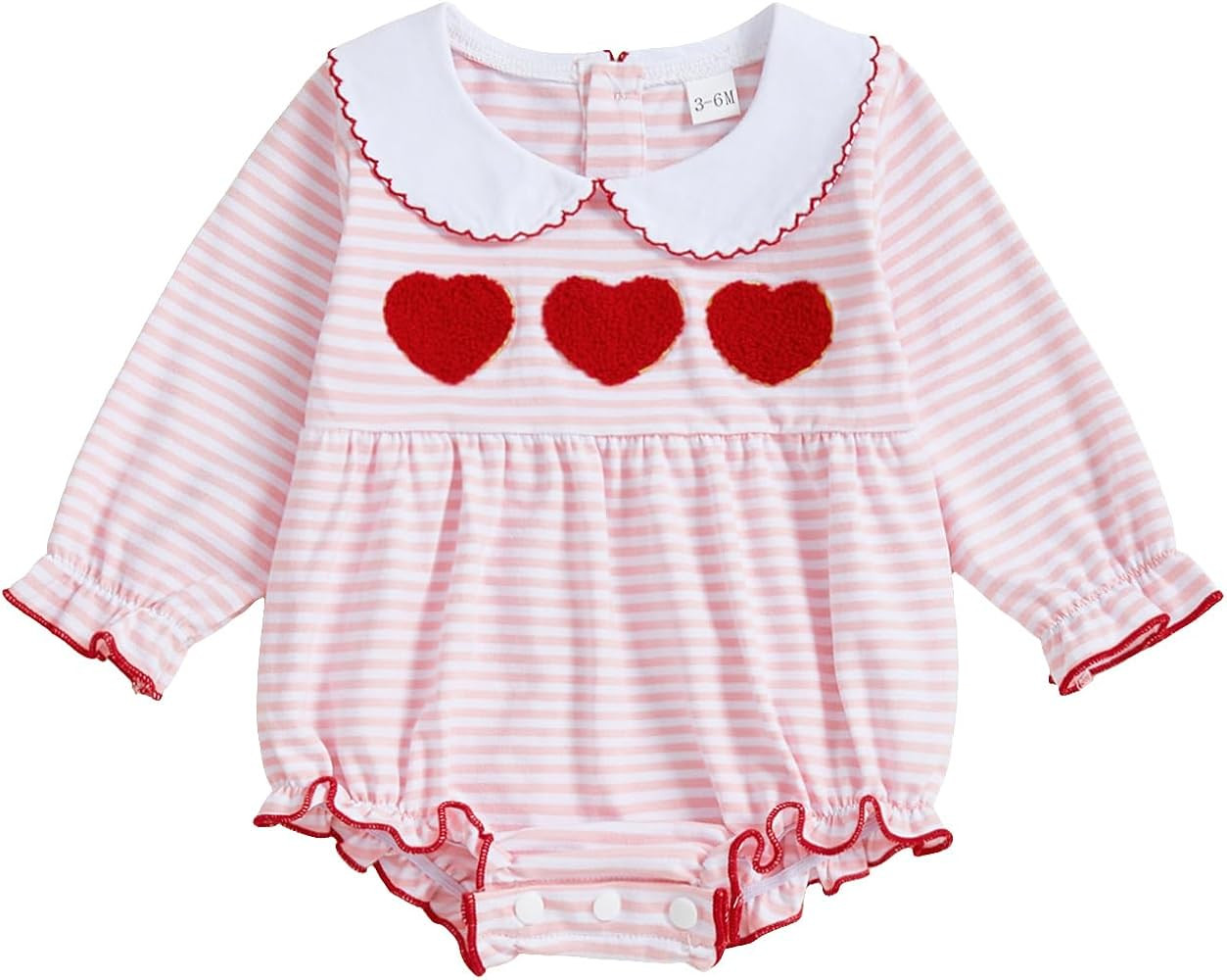 Baby Girl Valentines Day Outfit Heart Embroidery Long Sleeve Striped Smocked Romper Cute Doll Col... | Amazon (US)