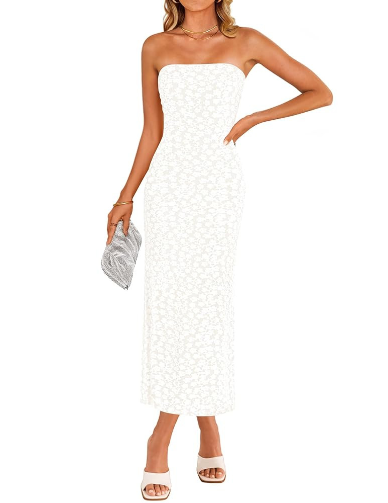 ZESICA Women's 2025 Summer Boho Floral Strapless Bodycon Dress Off Shoulder Tube Beach Party Long... | Amazon (US)