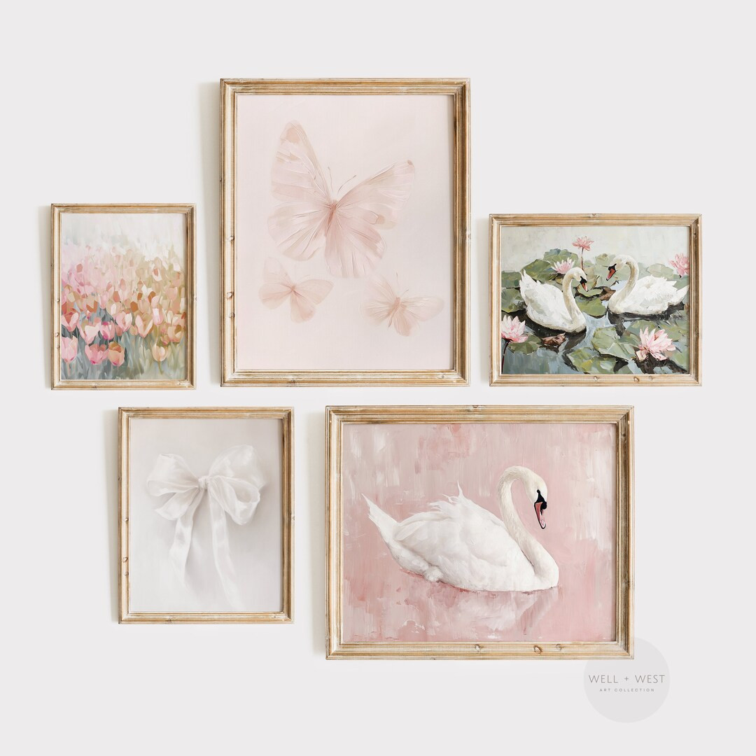Coquette Wall Art Set of Five | White Swan Vintage Painting | Pastel Pink Butterfly | Girl Nurser... | Etsy (US)