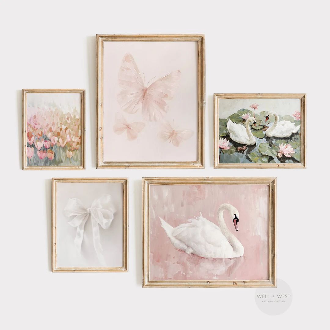 Coquette Wall Art Set of Five White Swan Vintage Painting Pastel Pink Butterfly Girl Nursery Prin... | Etsy (US)
