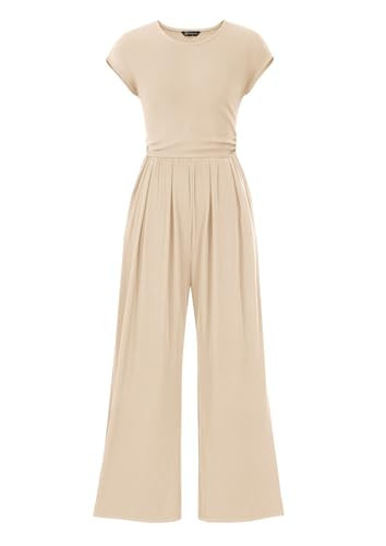 PRETTYGARDEN Summer Jumpsuits for Women Dressy Ribbed Cap Sleeve Wide Leg Pants Rompers Elegant Casual One Piece Outfits (Apricot,XX-Large) | Amazon (US)
