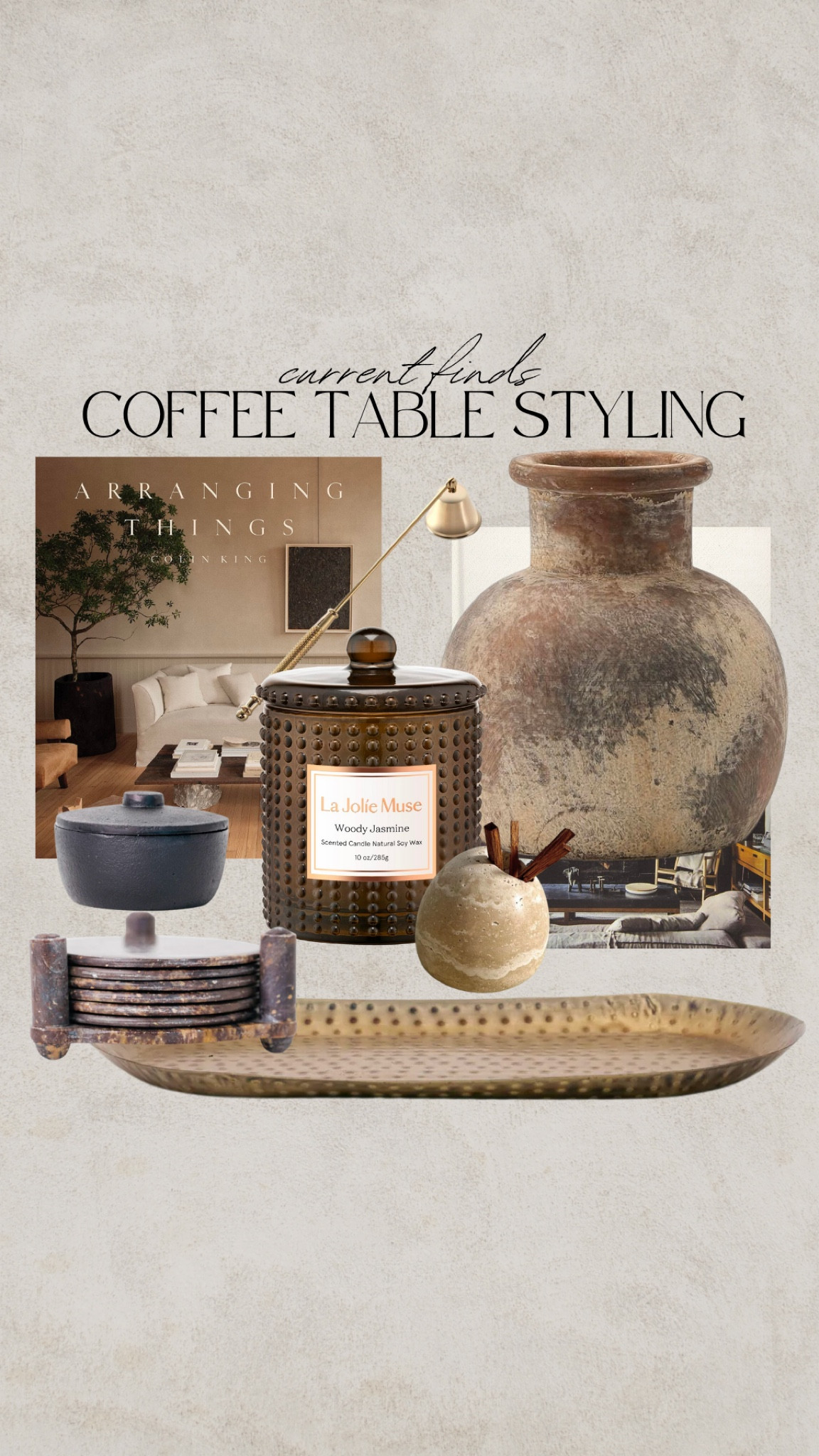 Coffee table books, vase, organic modern decor, candle, gold tray, brass tray, aged brass, hammered metal tray, antique coasters, metal coasters, black pot with lid, travertine match holder, marble match holder, gold candle snuffer, brass candle snuffer, textured vase 

#LTKhome #LTKsalealert #LTKfindsunder50