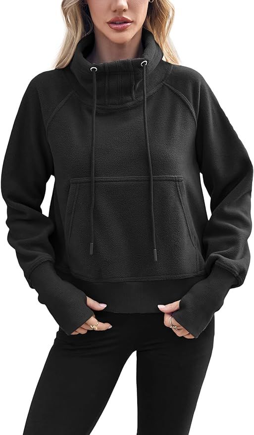 Fisoew Women's Cropped Fleece Sweatshirts Stand Collar Long Sleeve Pullover Hoodies Thumb Hole | Amazon (US)