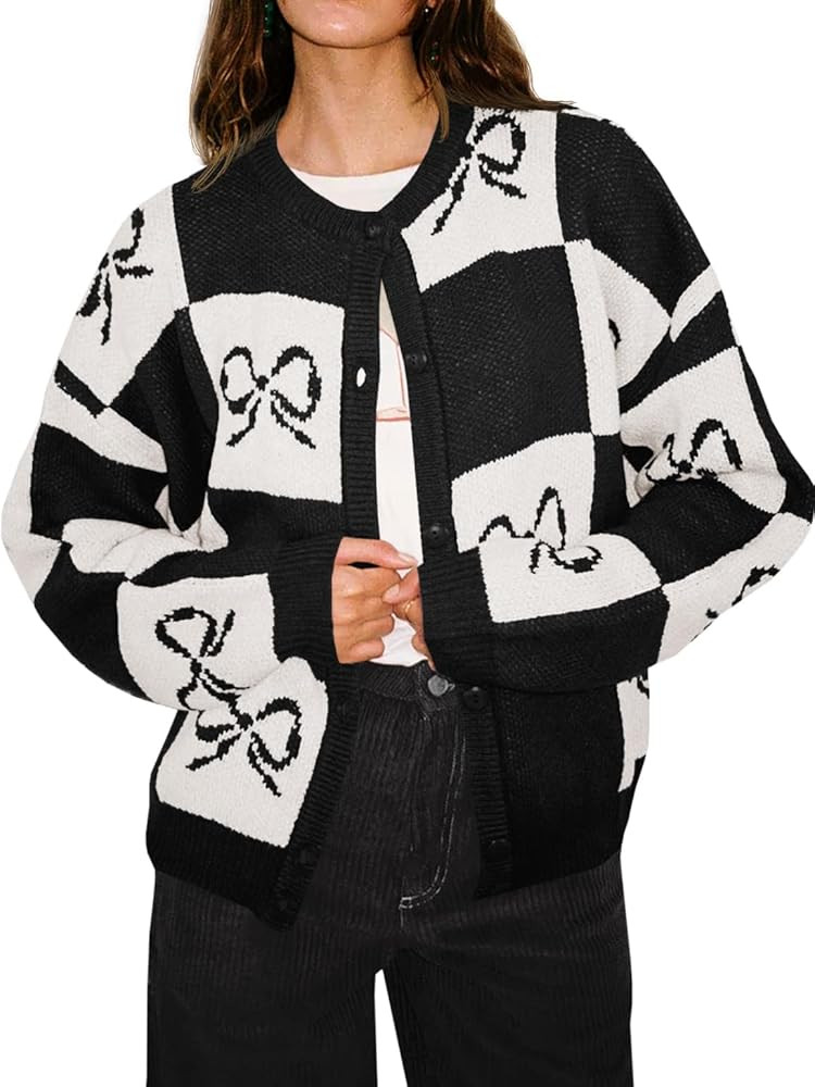 Saodimallsu Womens Color Block Cardigan Sweaters Bow Plaid Button Down Long Sleeve Open Front Kni... | Amazon (US)