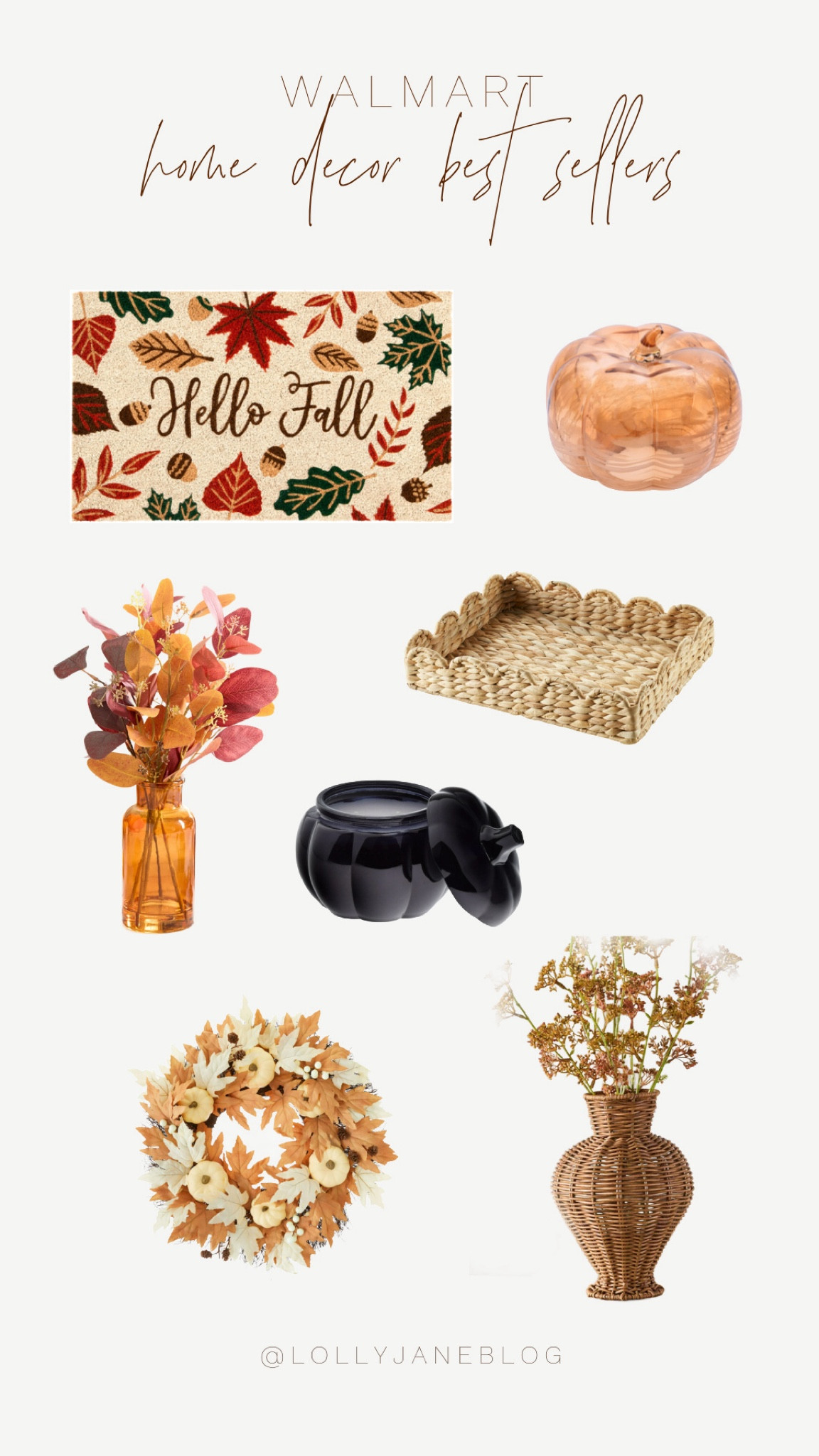Walmart home decor best sellers! 🎃

🍂Welcome fall in style! 🧡 Transform your space with our best-selling treasures: a cozy fall welcome mat, a chic glass pumpkin, gorgeous faux fall plants, a stunning wreath, an elegant black pumpkin candle, and a versatile wicker table tray. Each piece is perfect for setting the seasonal vibe! Ready to elevate your autumn decor? 🍁 #FallInLove #WalmartFinds #AutumnAesthetic

#LTKSeasonal #LTKHoliday #LTKHome