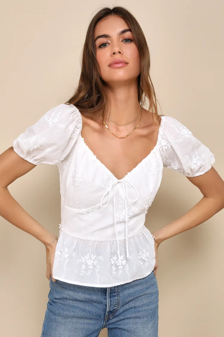 Meadow Moment White Floral Embroidered Puff Sleeve Top | Lulus