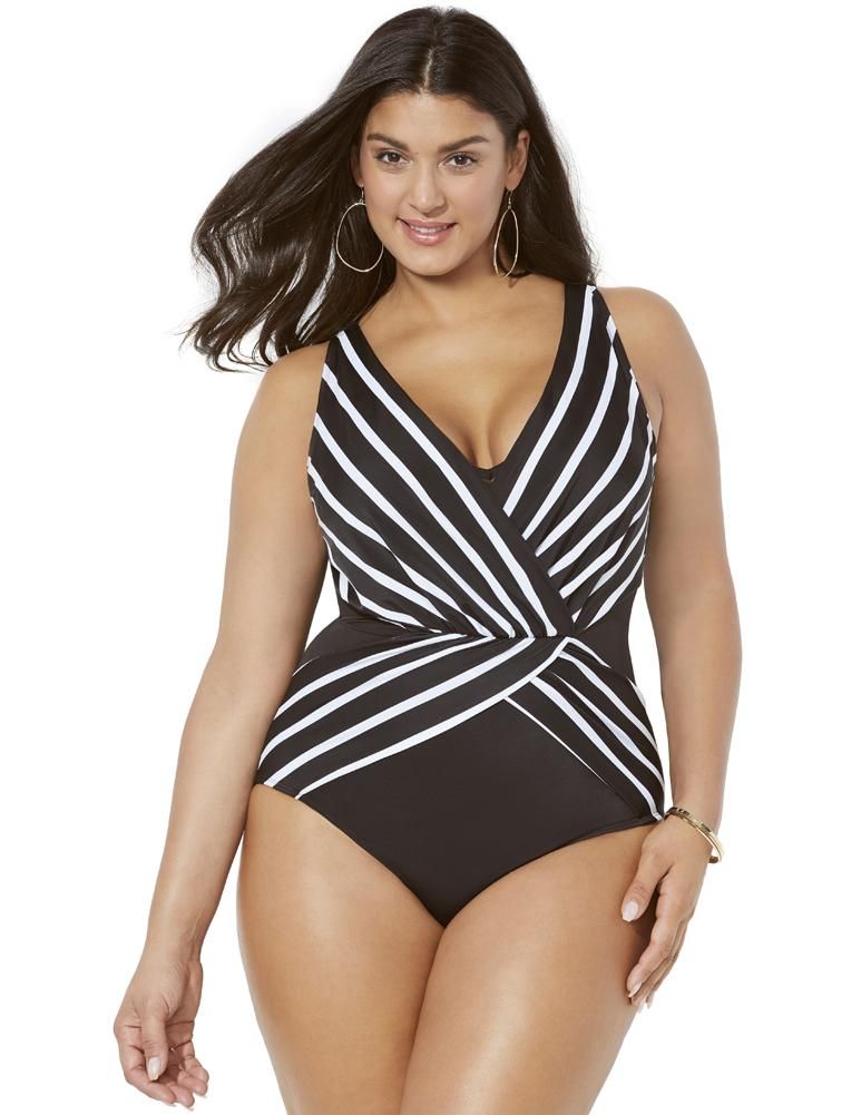 Swimsuits For All Women's Plus Size Surplice One Piece Swimsuit 20 Black White Stripe - Walmart.c... | Walmart (US)