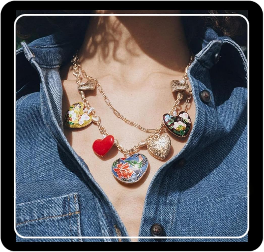 Vintage Heart Charm Necklace, Gold Chain with Colorful Enamel Hearts, Floral Design, Fashion Stat... | Amazon (US)