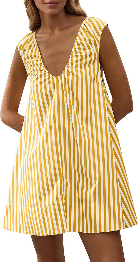 Women Summer Sleeveless Babydoll Mini Dress Scoop Neck Loose Fit Tank Dresses Party Ruched Short ... | Amazon (US)