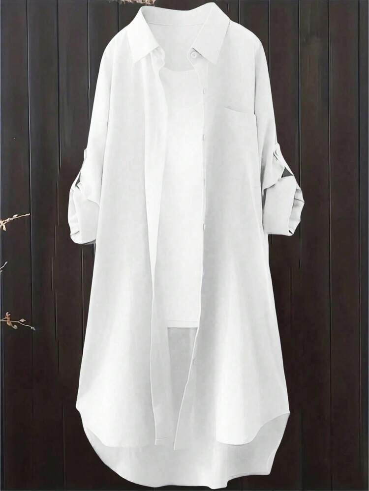 Women's Casual Solid Color Roll Sleeve Shirt, Spring & Autumn White | SHEIN