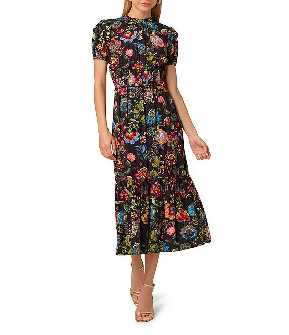 Short Sleeve Smocked Midi Floral Printed Dress | Dillard's