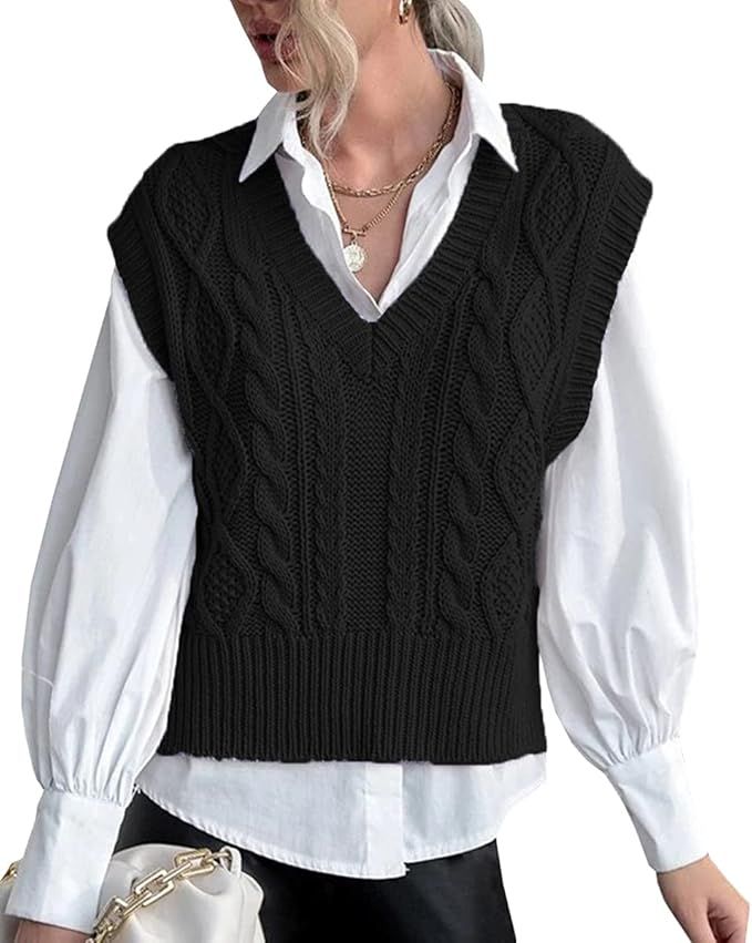 Sweater Vest for Women V Neck Sleeveless Knit Solid Casual Ribbed Preppy Pullover Tops | Amazon (US)