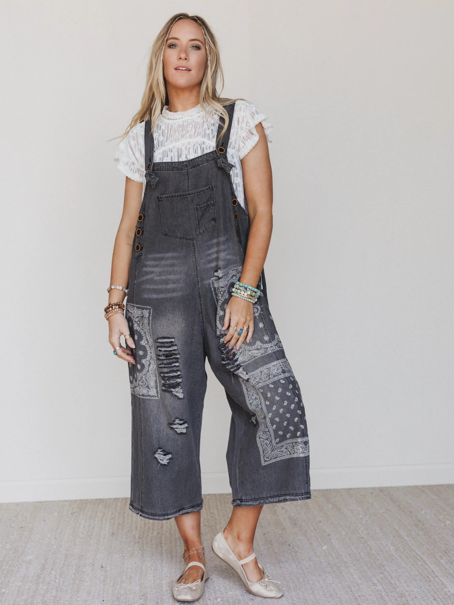 High Hopes Slouchy Denim Overalls - Black Bandana | Three Bird Nest