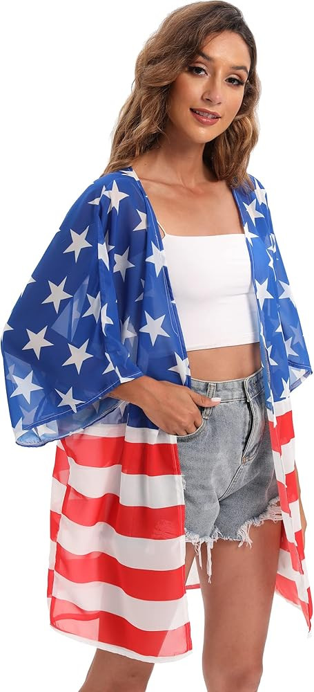 DDSOL Women's American Flag Kimono Cover up Beachwear Cardigan Loose Tops Shirt Blouse | Amazon (US)