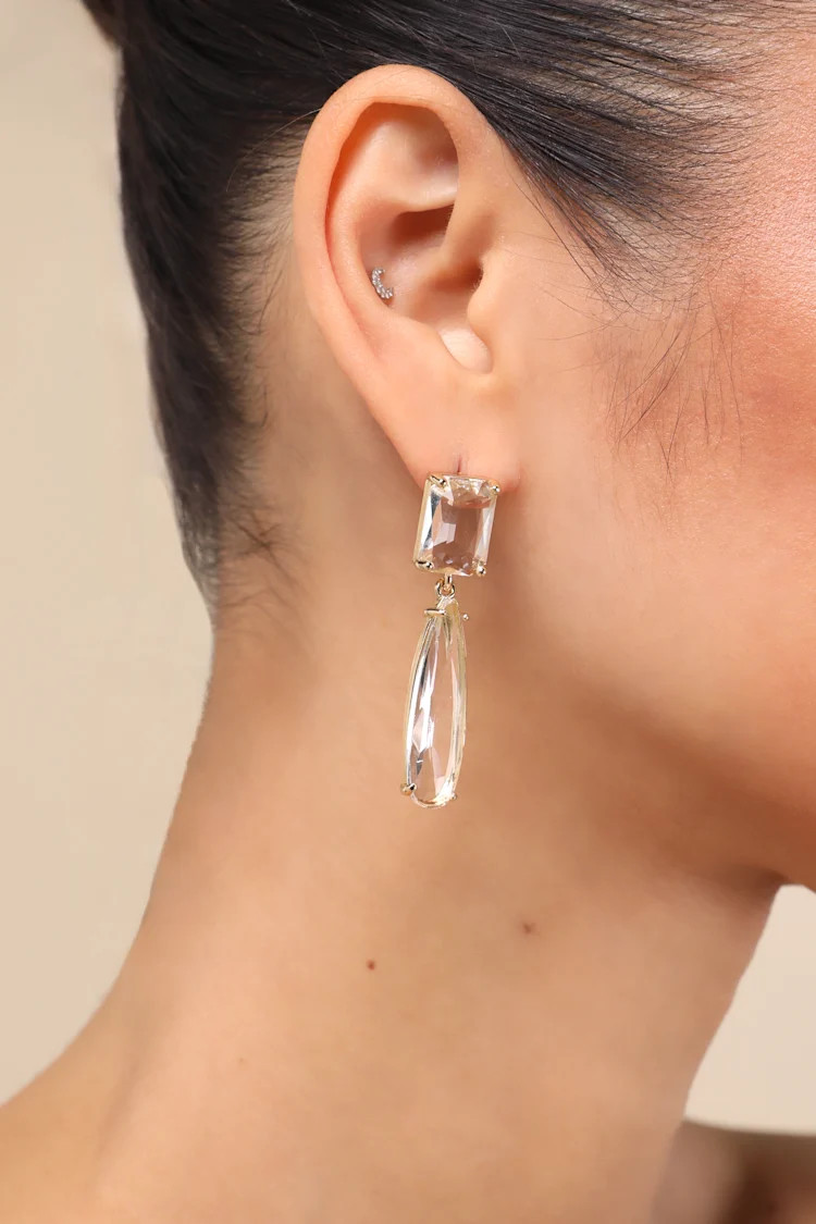 Clearly Glamorous Gold and Clear Drop Earrings | Lulus